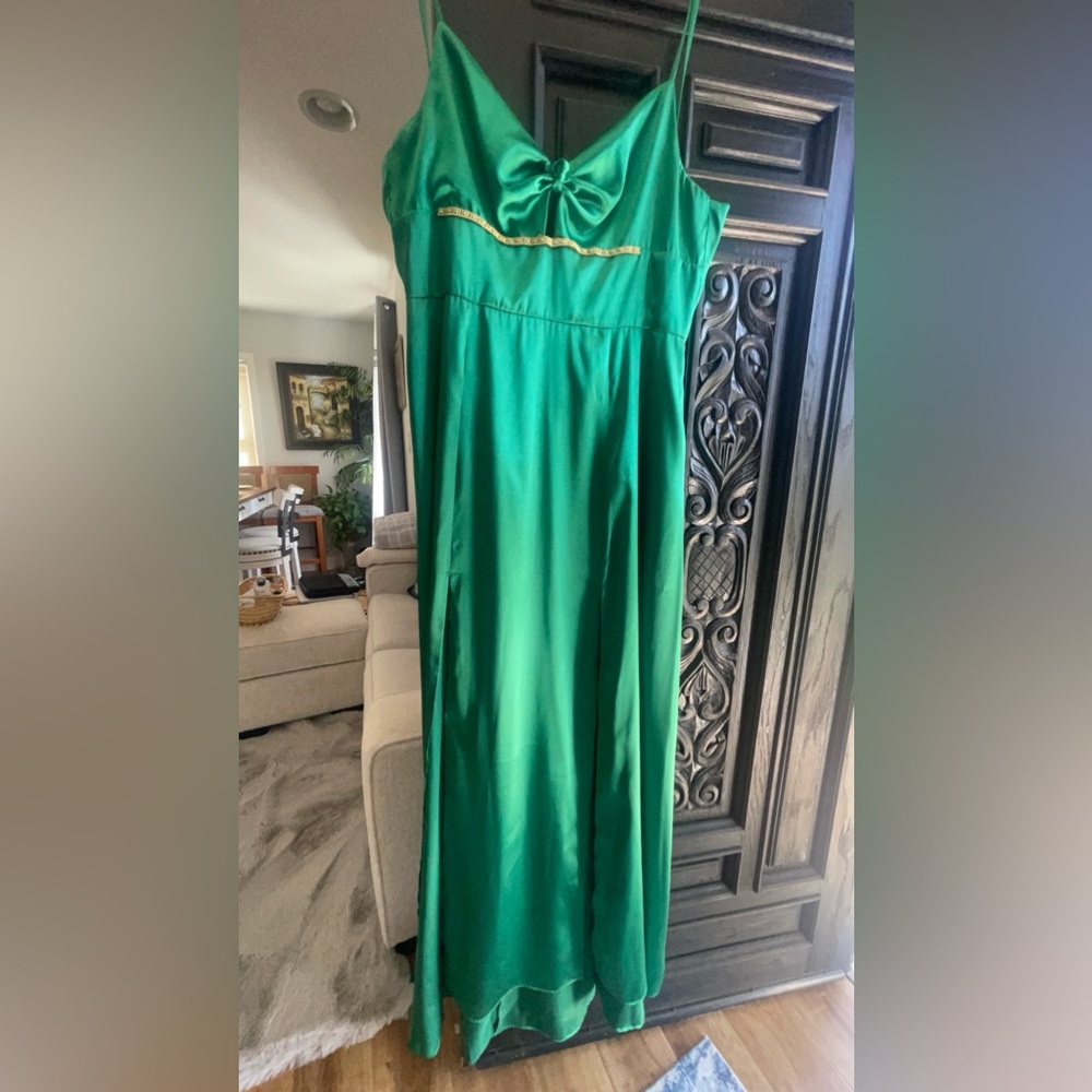 Woman dress. Long with tail, open leg one side